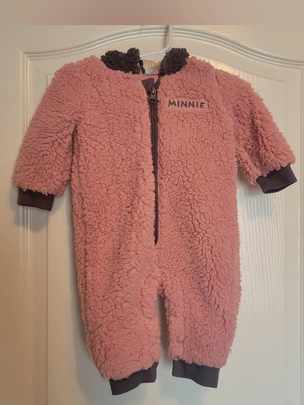 Disney One Piece Minnie Pink Plush Sherpa Jumpsuit with Hood & Gray Trim 6-9 mos